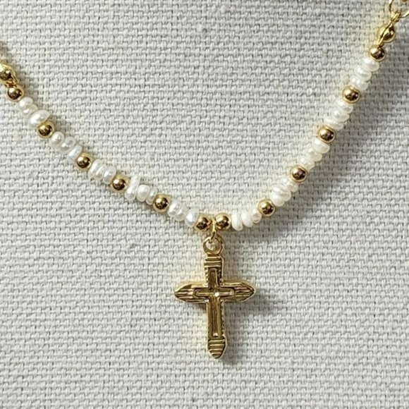 Gold Plated Stainless Steel Chain Freshwater Pearl Beads Cross‎ Pendant Necklace - Picture 12 of 14